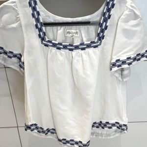 Madewell XS white and navy blue linen blouse